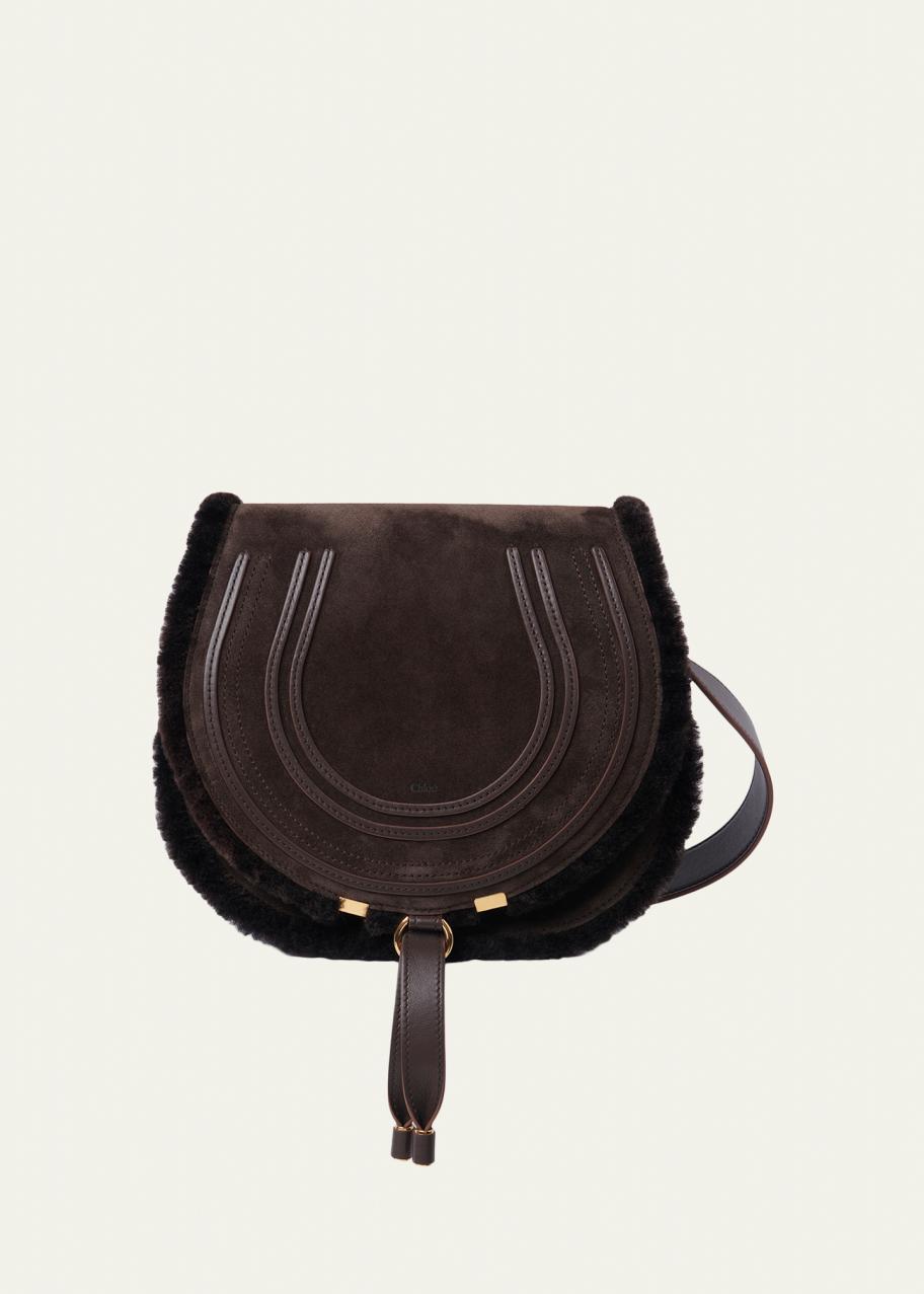 Chloe Marcie Saddle Crossbody Bag in Shearling-Trim Suede