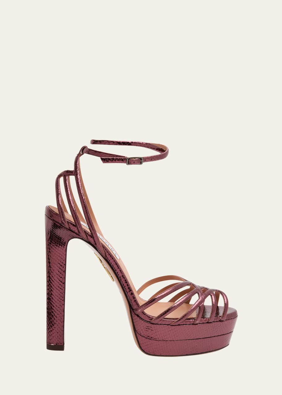 Aquazzura 130mm Wild Dream Snake-Embossed Metallic Leather