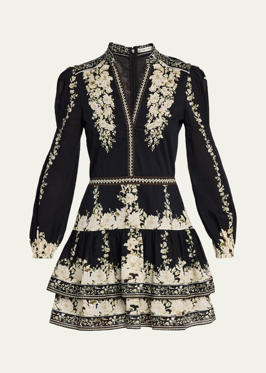 chinese dress ladies alice + olivia Women's Chara Long Sleeve Lace Vegan Pleated Mini Dress,  Black, 0 at Amazon Women's Clothing store