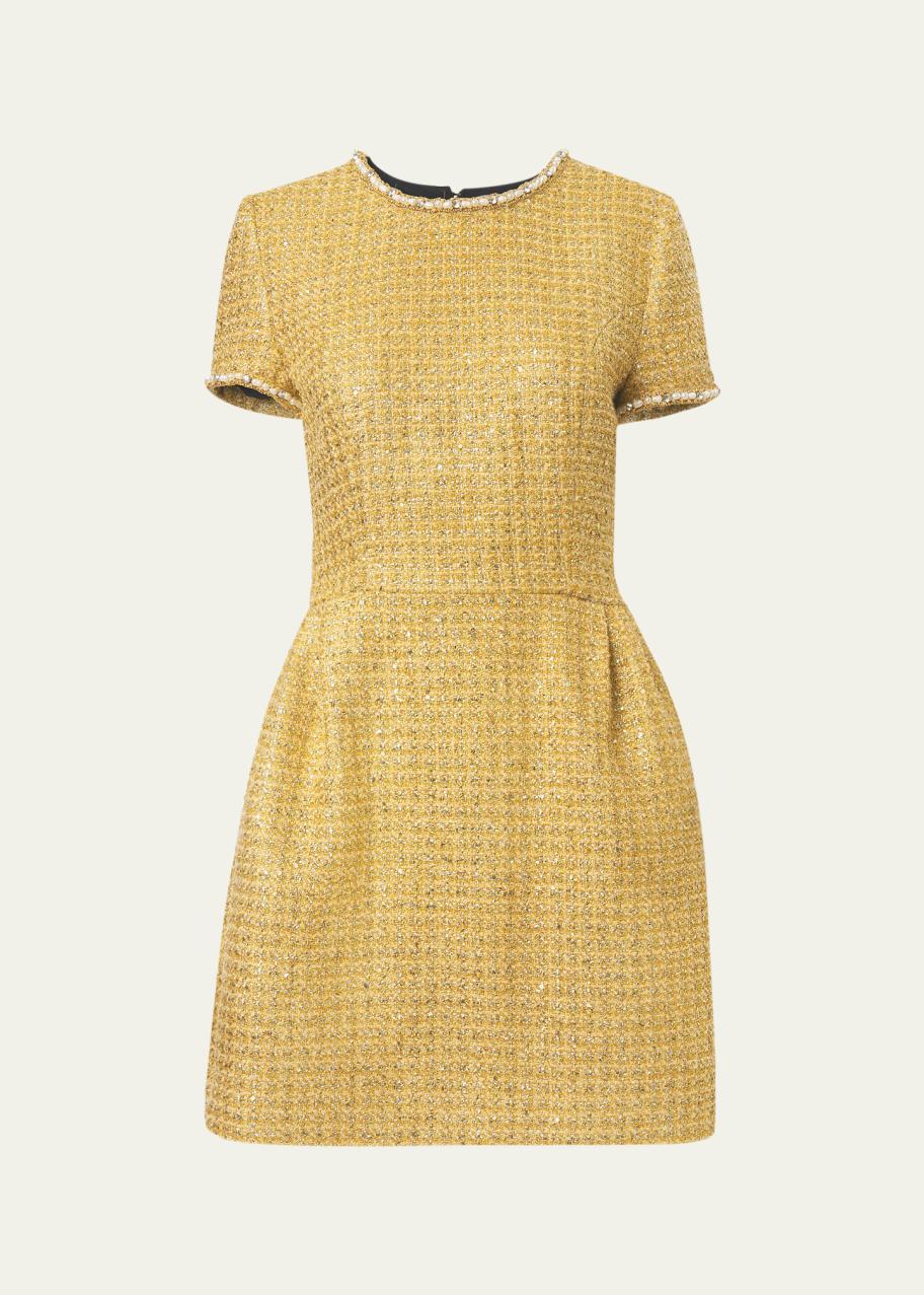 carolina herrera gold mini dress Metallic Tweed Short-Sleeve Corset Back