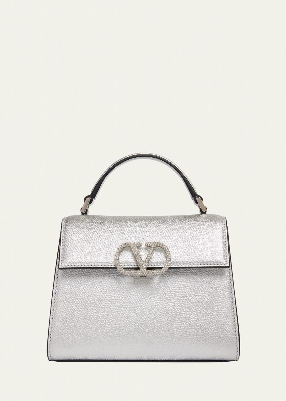 Valentino Garavani Mini Crystal VLogo Metallic Leather Top-Handle