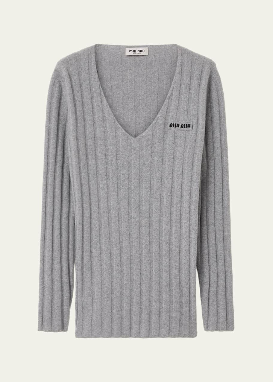Miu Miu Cashmere-Wool Rib V-Neck Sweater - Bergdorf Goodman