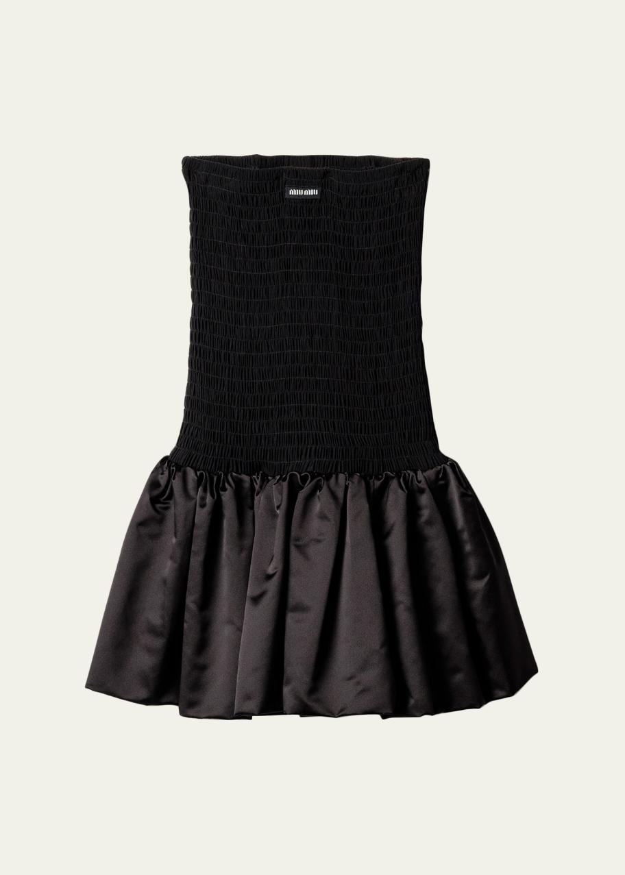 miu miu black mini dress Strapless Smocked Silk Ruffle Drop waist