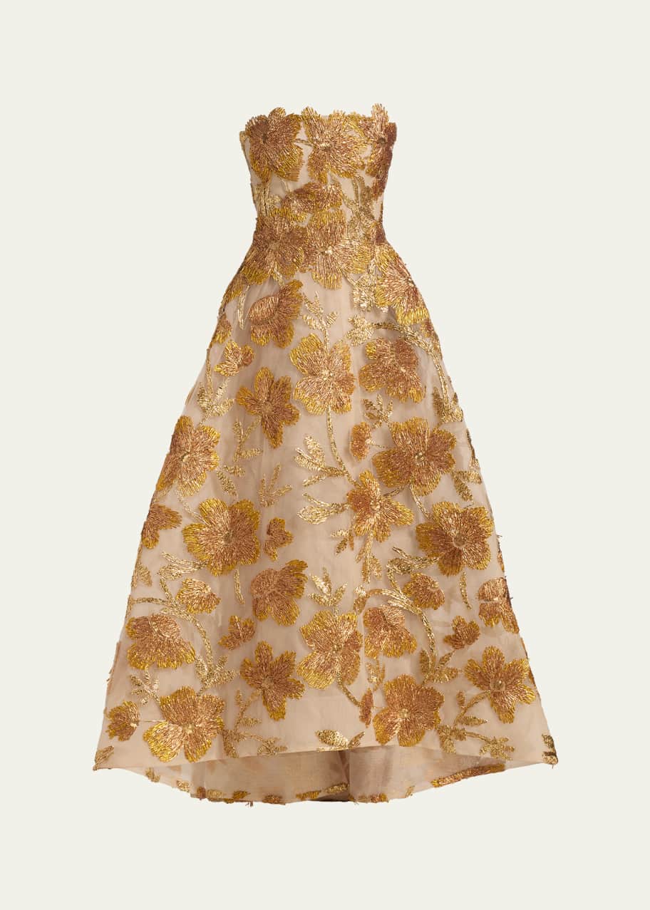 Monique Lhuillier Metallic Floral Embroidered High-Low Strapless Gown -  Bergdorf Goodman