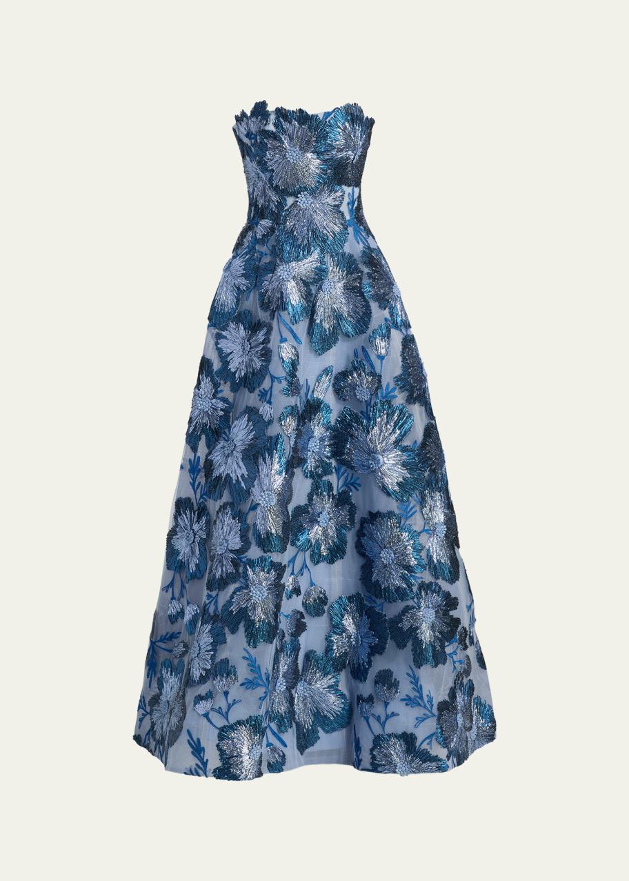 blue monique lhuillier dress Strapless Metallic Embroidered Tulle Ball Gown Designer Evening BFCMBACKTOFP Lunia | Powder Blue Size Alpha:UK-L