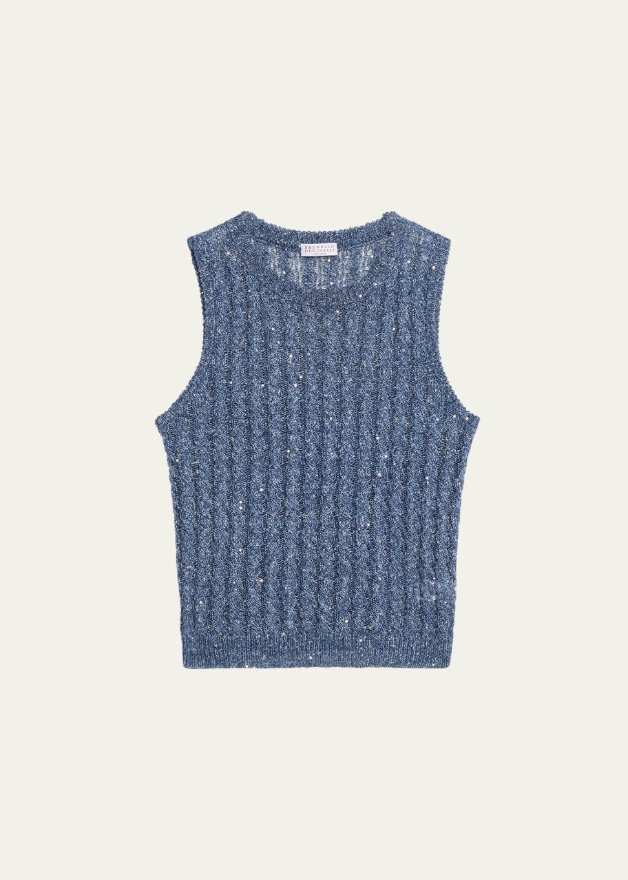 Brunello Cucinelli Linen Dazzling Cable Openwork Knit Tank Top