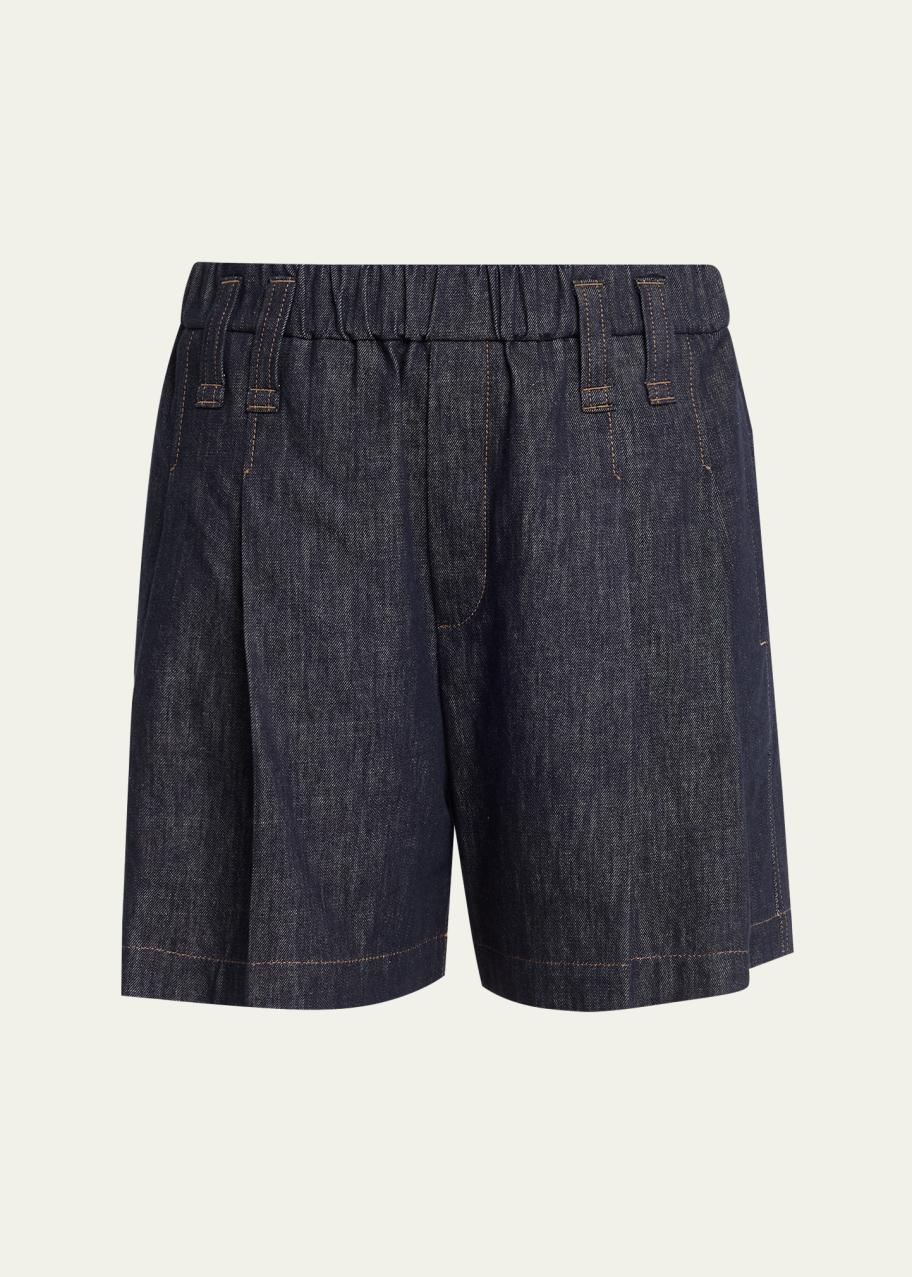 Brunello Cucinelli Double Pleated Pull-On Denim Shorts - Bergdorf