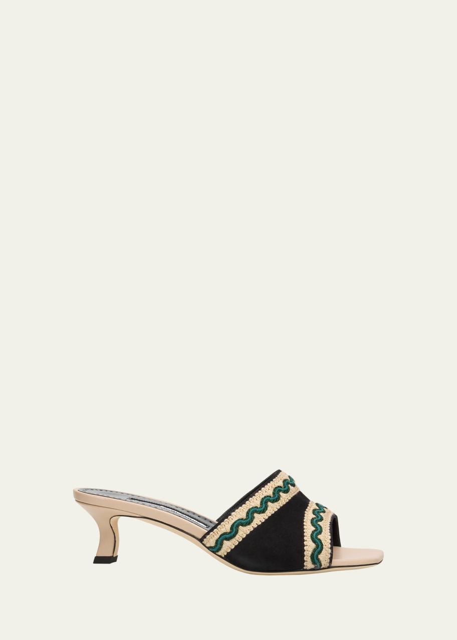 Manolo Blahnik 50mm Marebis Embroidered Crochet-Trim Suede Mules