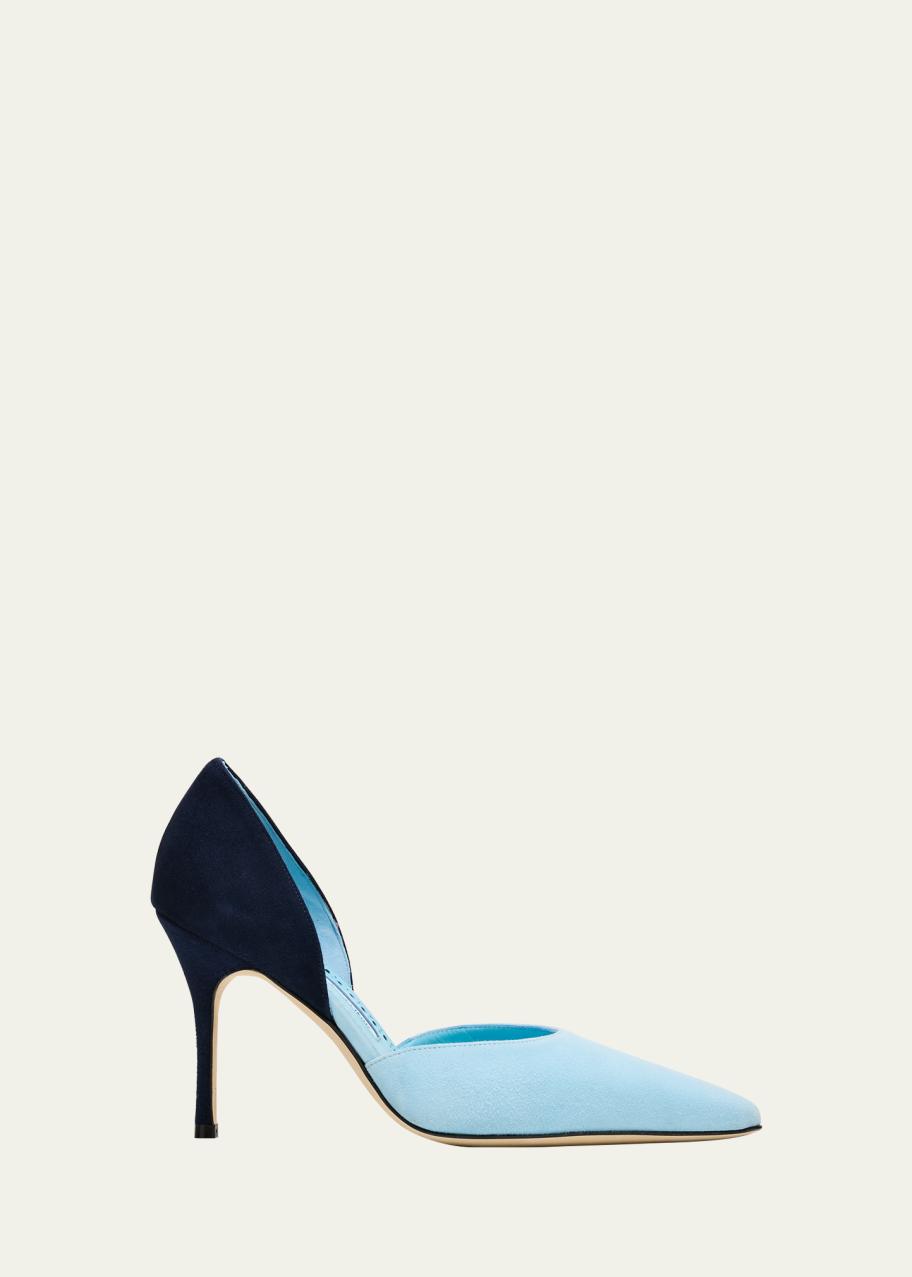 Manolo Blahnik 90mm Taylerbinu Bicolor Suede Pointed-Toe Pumps