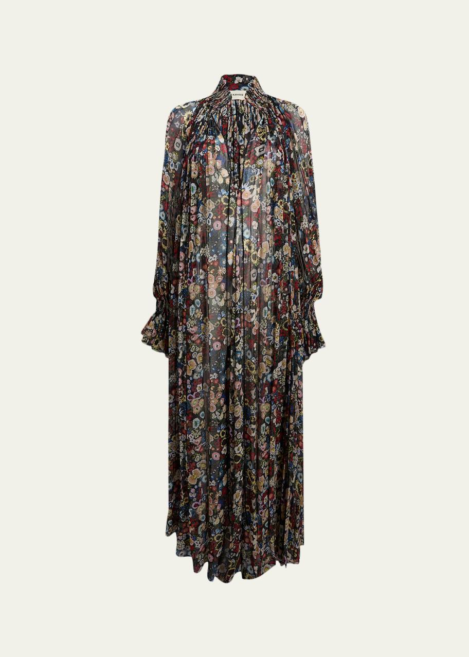 Khaite Edgar Plunging Floral Silk Maxi Peasant Dress - Bergdorf Goodman