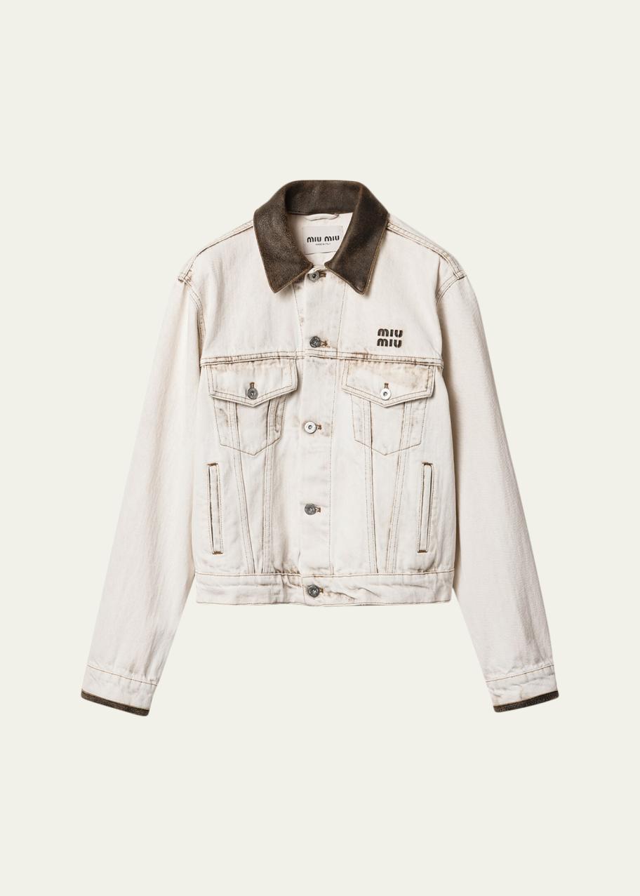 Miu Miu Leather-Collar Denim Jacket - Bergdorf Goodman