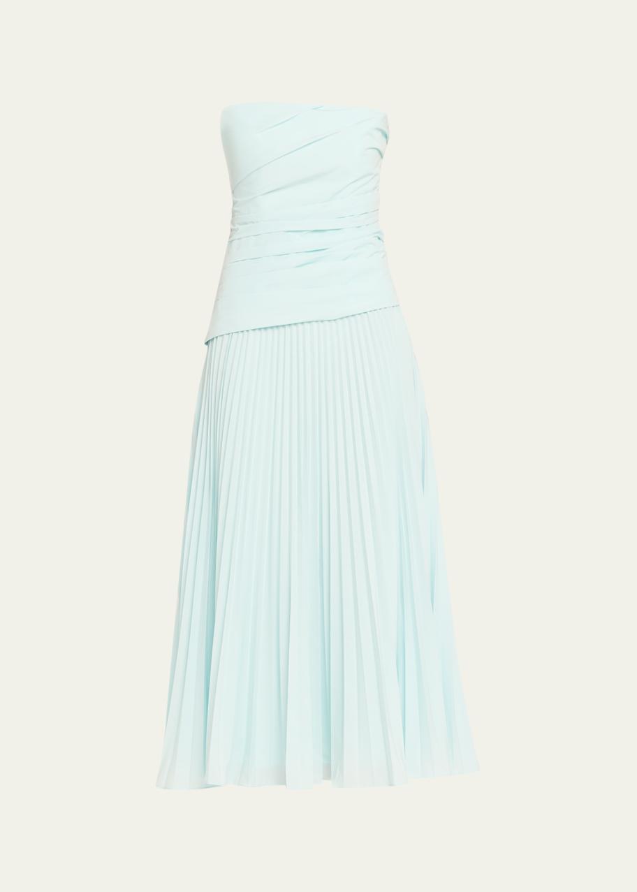 arie strapless cotton midi dress SIMKHAI Pleated Maxi Maxie Dress PRE SPRING 2026 WOMENS blue dress brown sandals Midi skirt Size:12.5 UK / 13.5 US