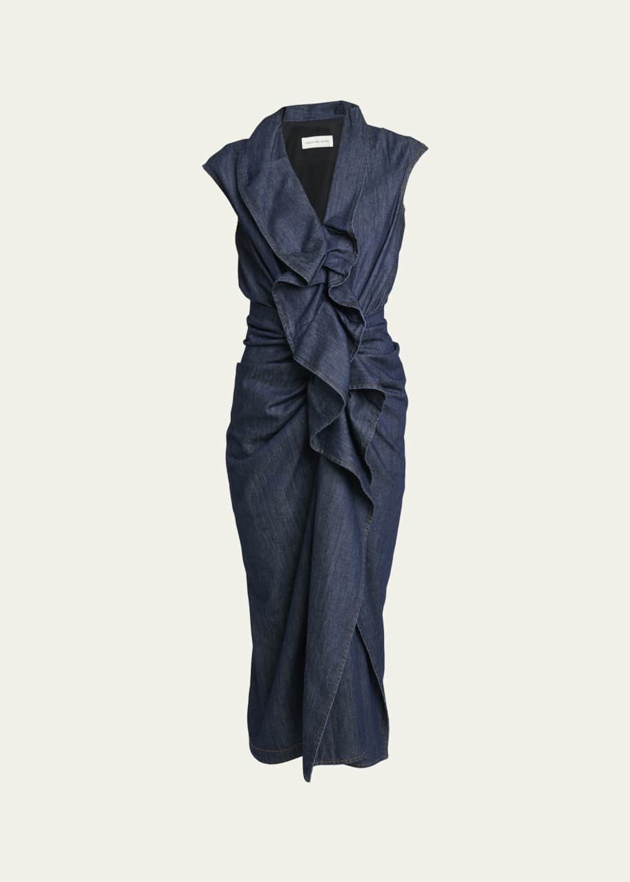 Dries Van Noten Davyl Ruffle Denim Sleeveless Midi Dress