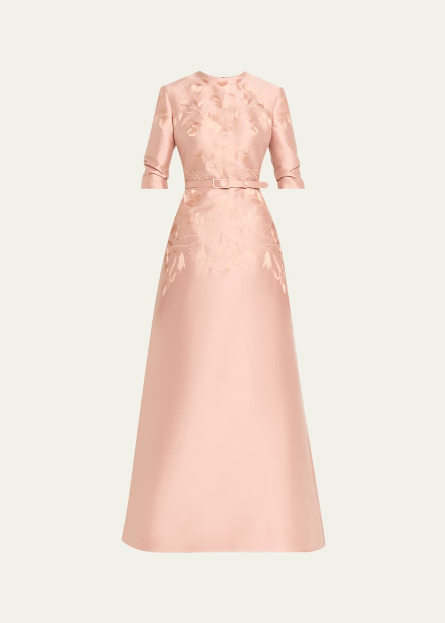 Reem Acra Embroidered Mikado Silk 3/4-Sleeve Gown With Belt - Bergdorf  Goodman