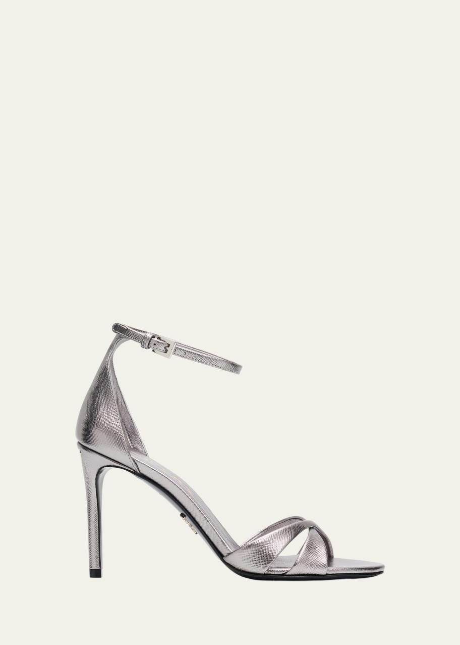 Prada 95mm Vernice Saffiano Metallic Leather Ankle-Strap Sandals