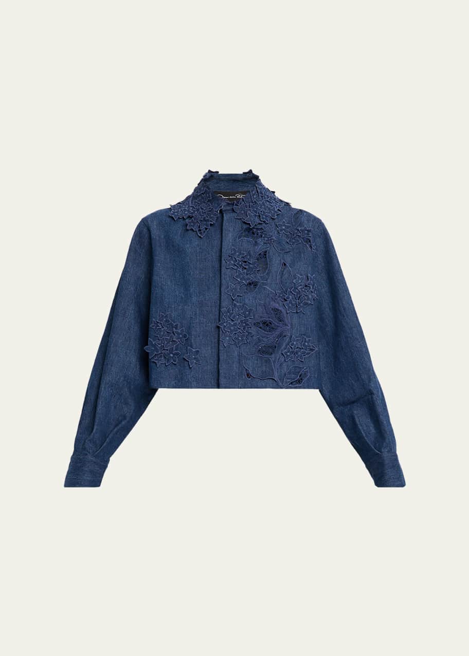 Oscar de la Renta Embroidered Denim Crop Jacket - Bergdorf Goodman