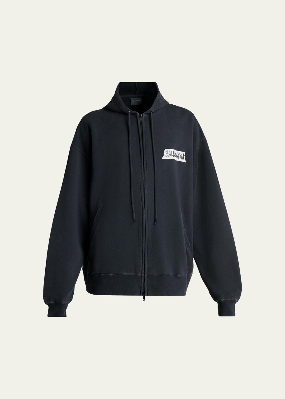 Balenciaga Men's Masking Tape Oversized-Fit Faded Fleece Full-Zip