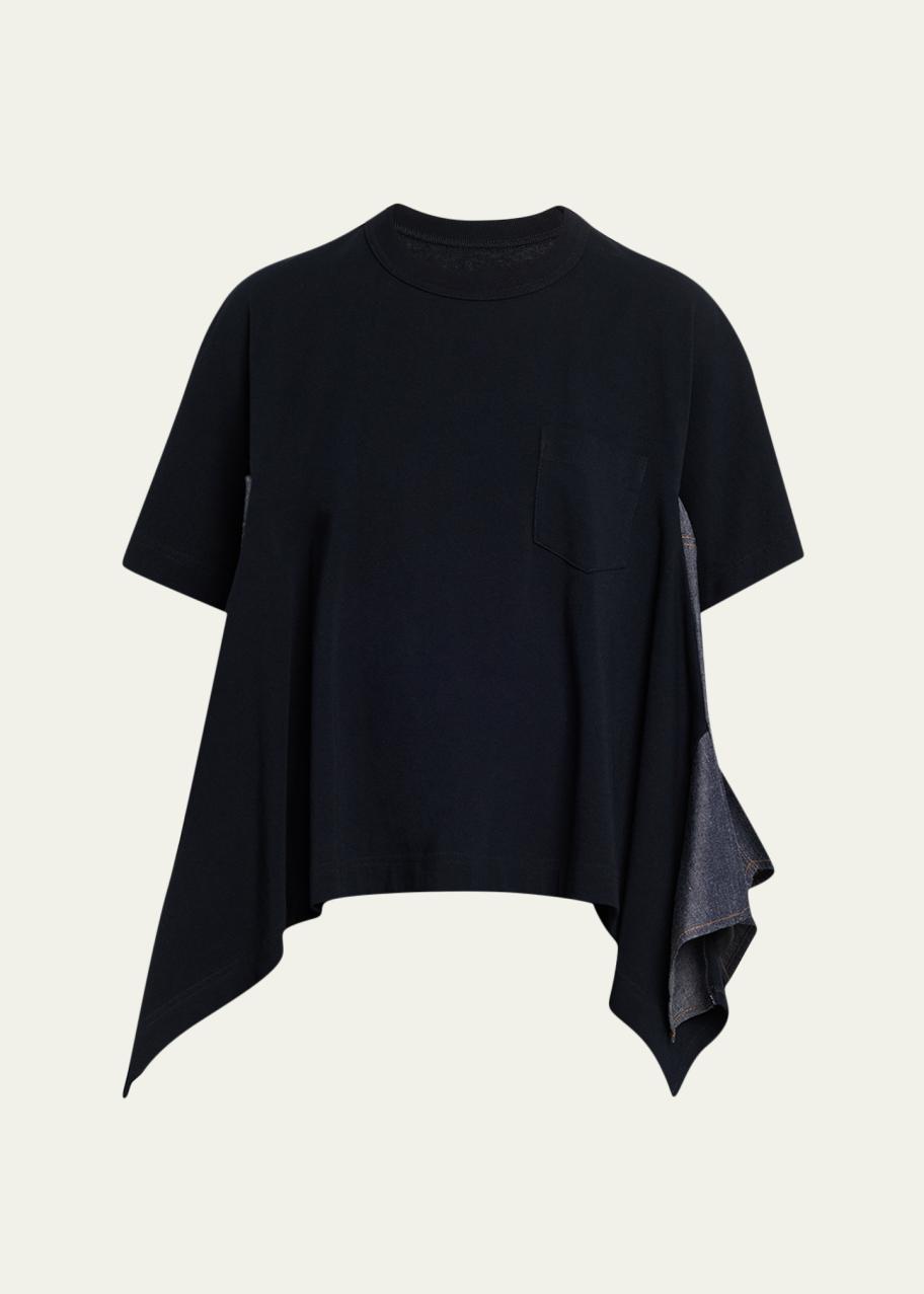 sacai Denim Side-Panel Short-Sleeve Cotton Jersey T-Shirt
