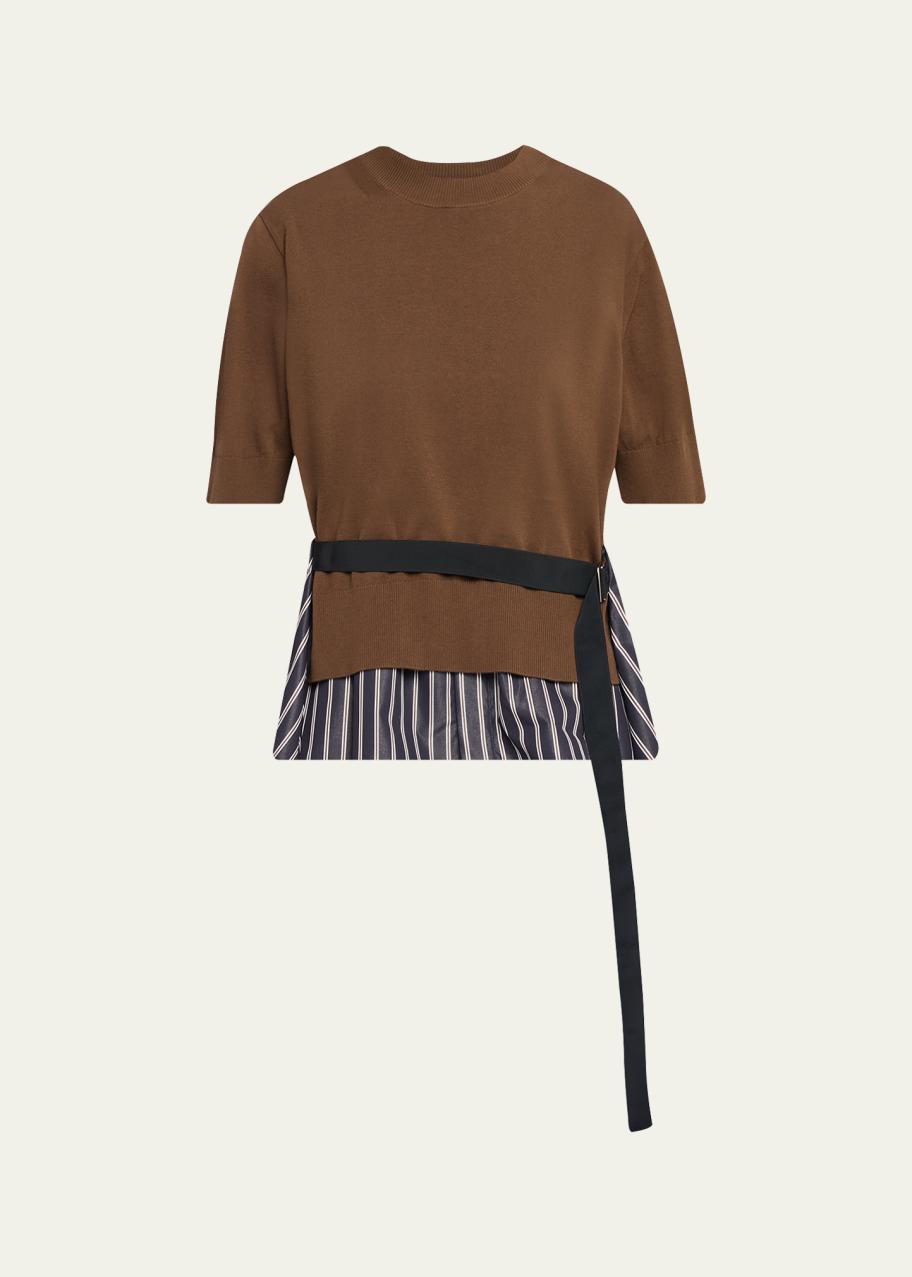sacai Mixed-Media Poplin Knit Belted Top - Bergdorf Goodman