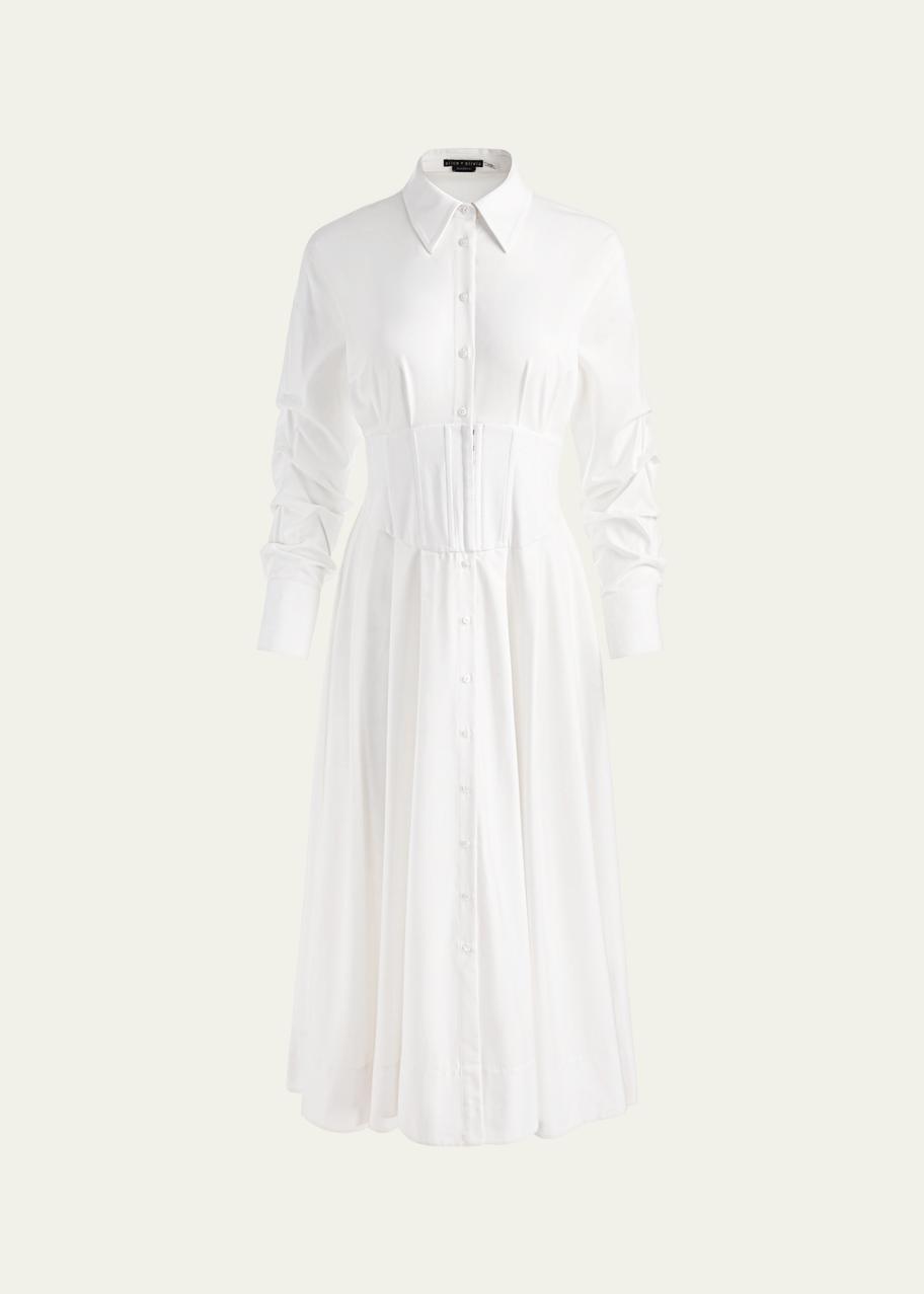 white shirt dress corset ALICE + OLIVIA Edie Button-Front Midi Shirtdress Bronze Bridesmaid Dresses Product ID:AP1D105970_AD605_W tonal contrast.Explore more womens Color:Lt. Blue/Red corset with shirt underneath