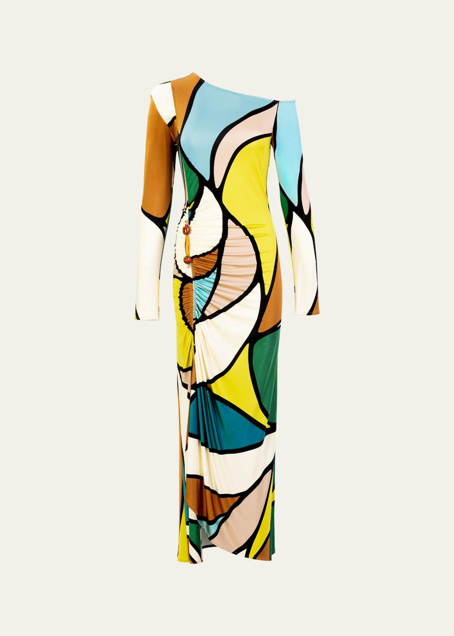 Silvia Tcherassi Ilania Abstract-Print Ruched Long-Sleeve Maxi