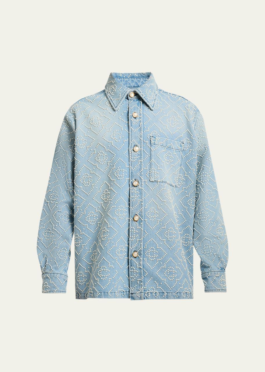 Casablanca Men's Pearly Monogram Denim Button-Down Shirt