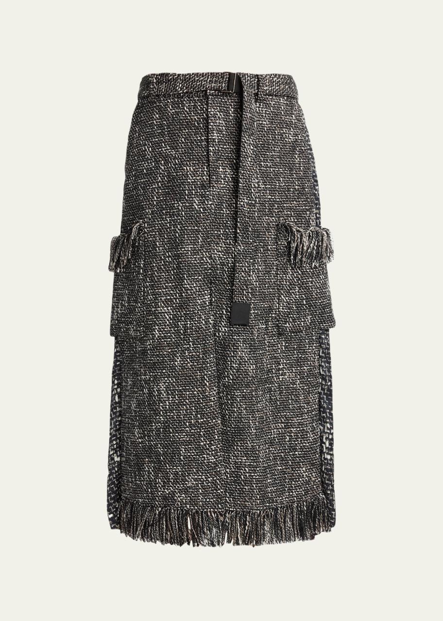 sacai Mixed-Media Tweed Belted Midi Skirt - Bergdorf Goodman