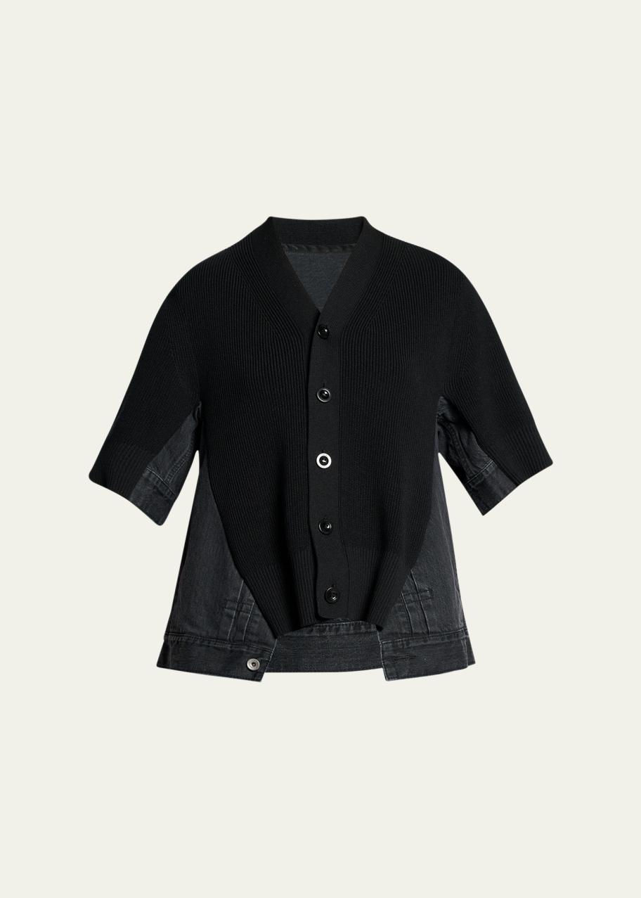 sacai Mixed-Media Denim Short-Sleeve V-Neck Cardigan - Bergdorf