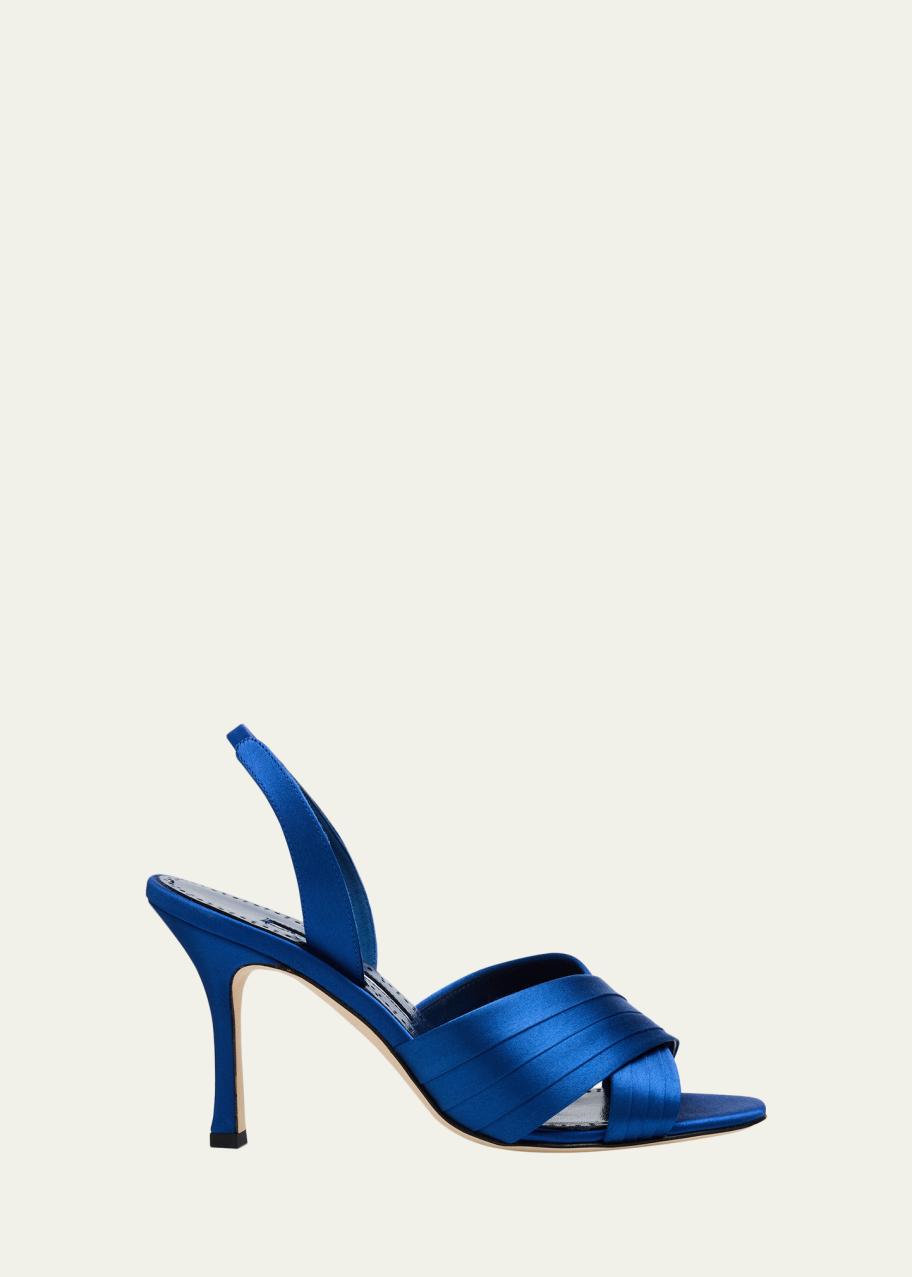 Manolo Blahnik 90mm Vierasan Pleated Satin Sandals - Bergdorf Goodman