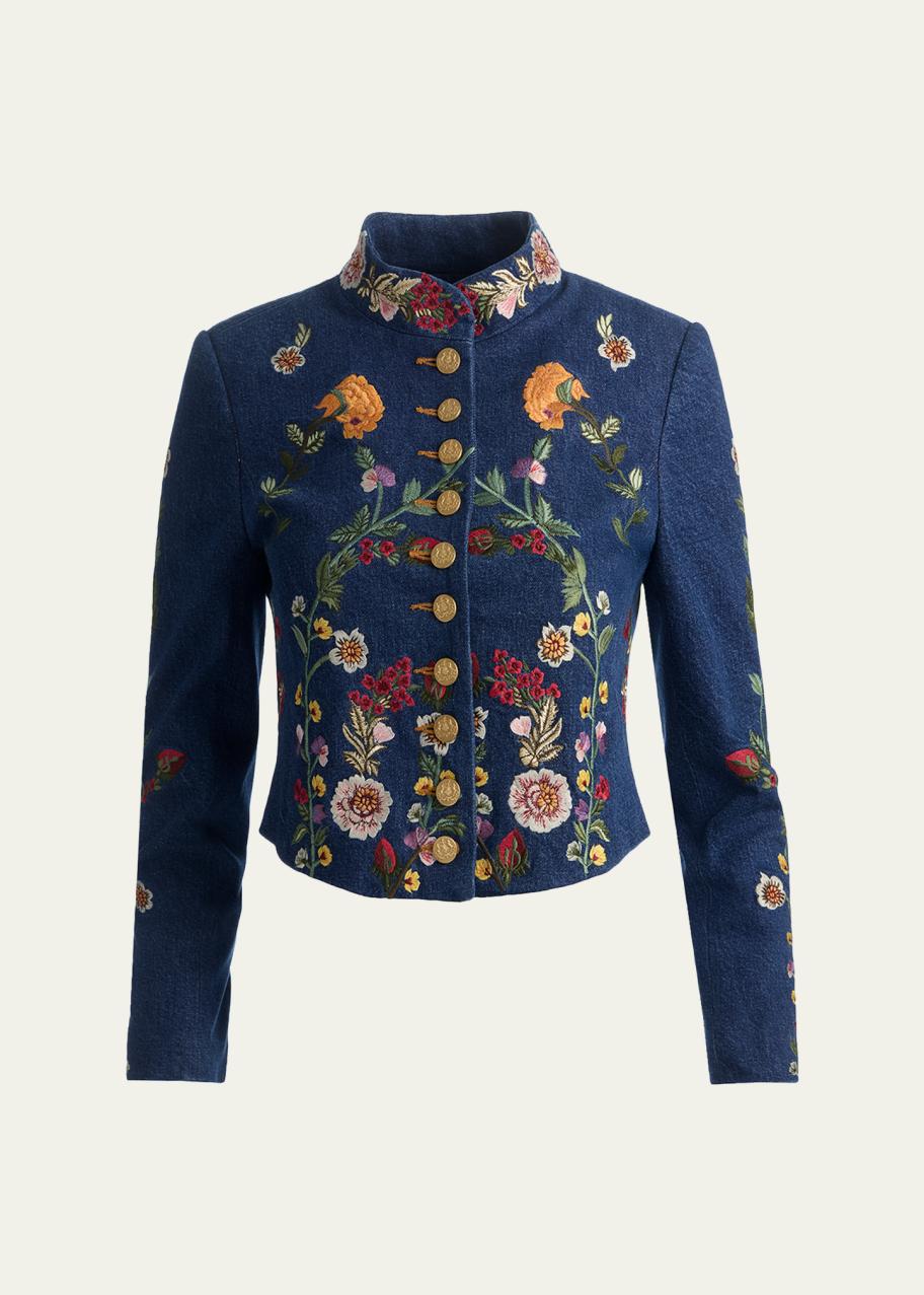 ALICE + OLIVIA Emerson Embroidered Denim Military Jacket