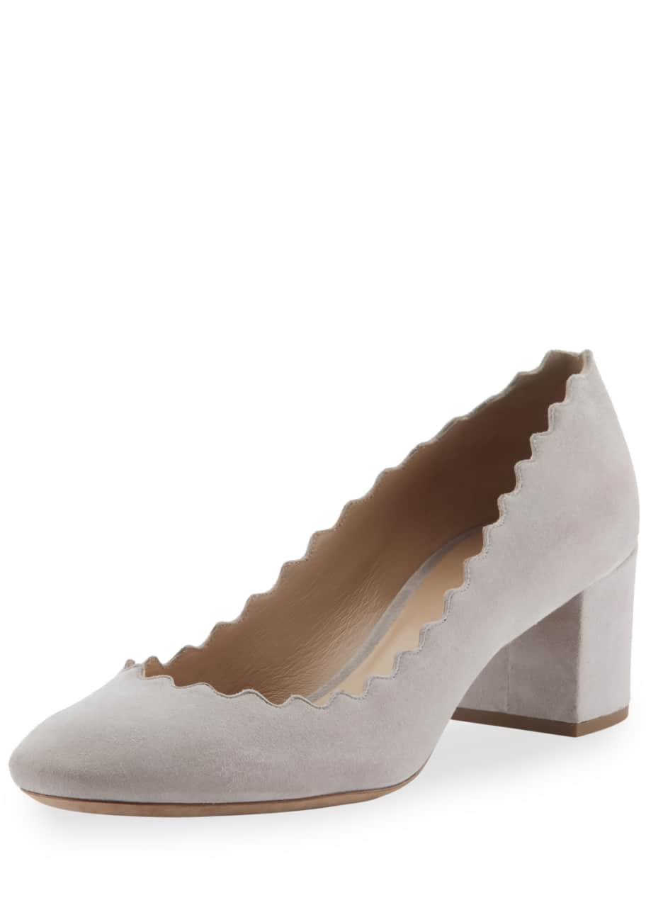 Image 1 of 1: Lauren Scalloped Suede Block-Heel Pumps