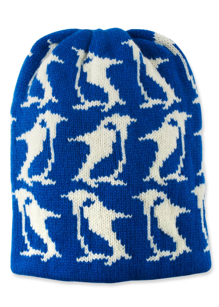 Image 1 of 1: Wool-Cashmere Penguin-Intarsia Beanie Hat