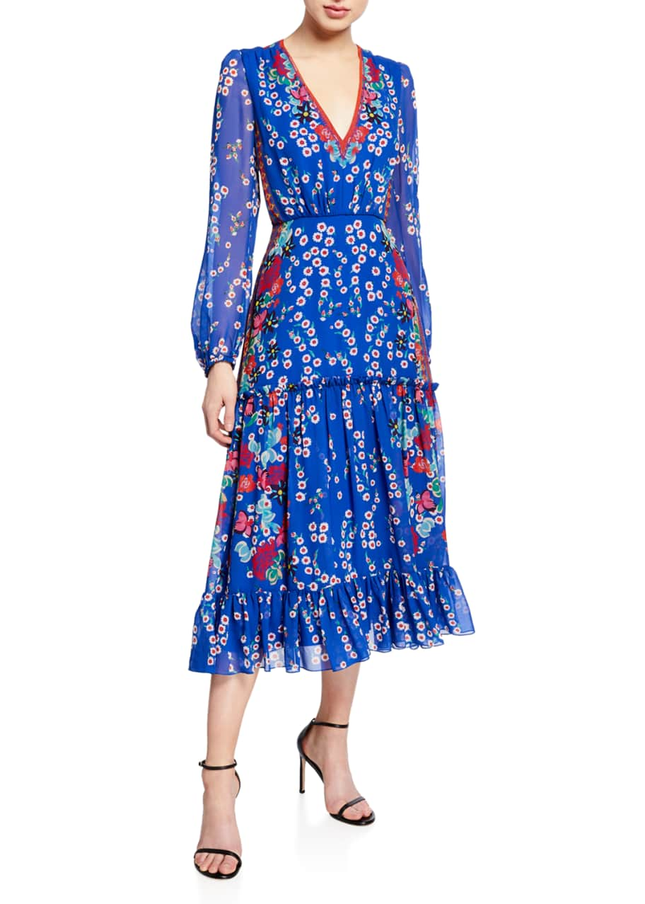 Saloni Devon Floral-Print Long-Sleeve Tiered Dress - Bergdorf Goodman