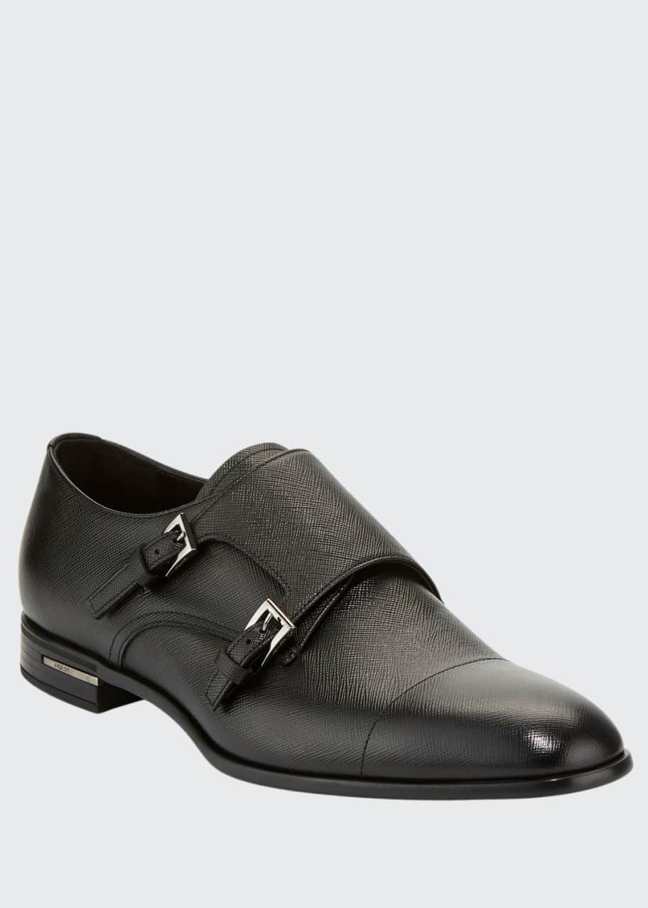 Prada Saffiano Leather Double-Monk Shoe, Black - Bergdorf Goodman