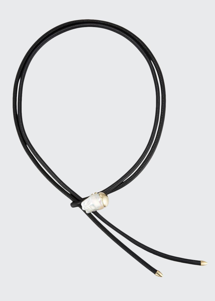 Image 1 of 1: Leather Bolo Necklace with Baroque Pearl Slider, Black