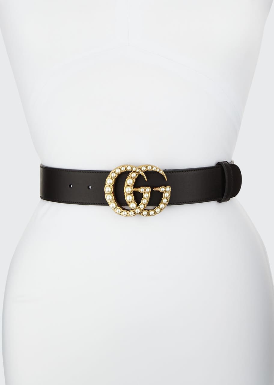 Image 1 of 1: Smooth Leather Belt w/ Pearlescent Beads, Black