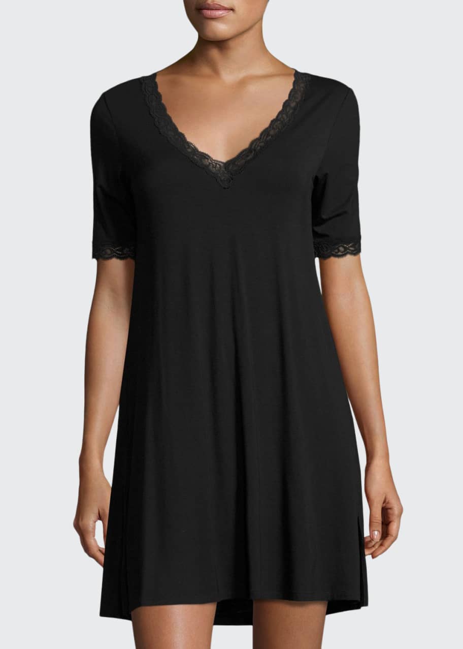 Natori Feathers LaceTrim Sleepshirt, Black Bergdorf Goodman