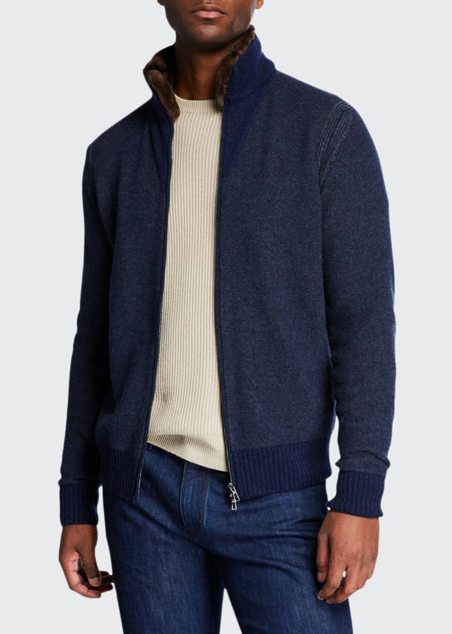 Men's Fur-Trim Cashmere Bomber Cardigan Sweater