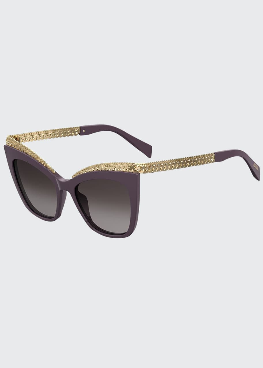 Image 1 of 1: Mirrored Cat-Eye Sunglasses w/ Metal Curb Chain Arms