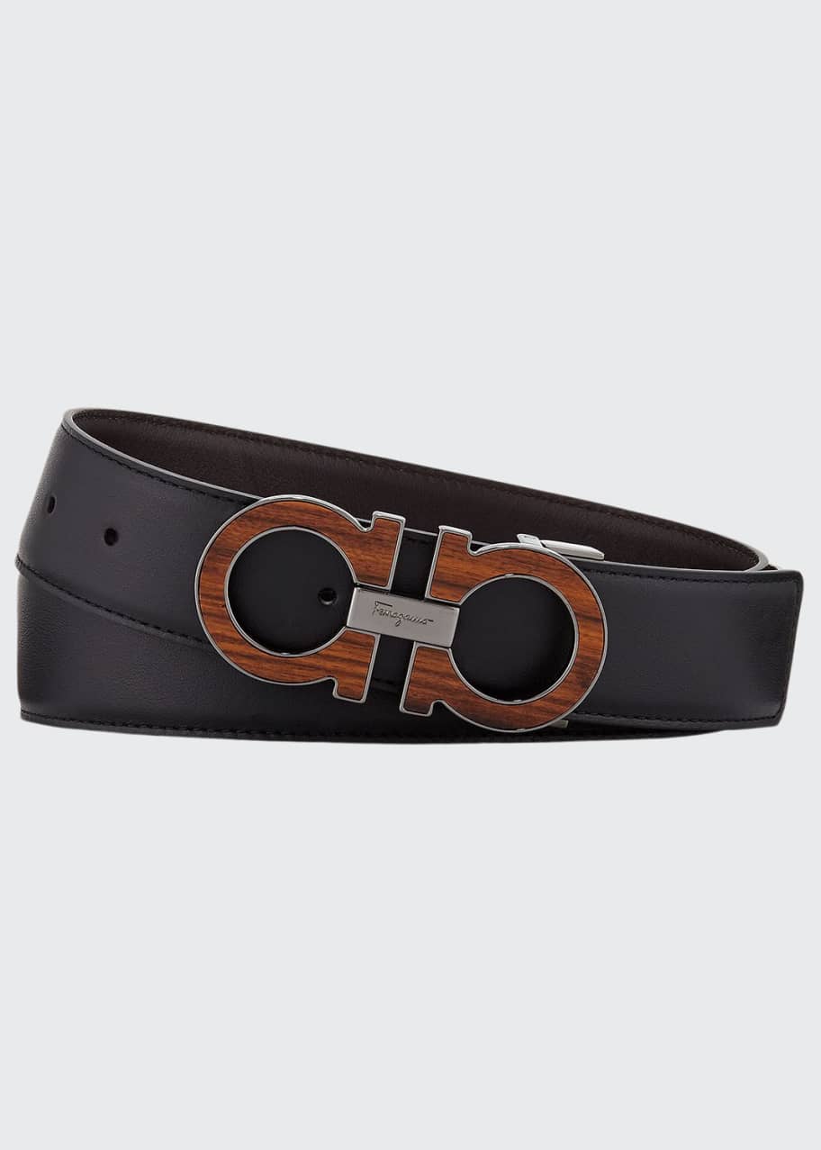 Men s Suede Wood Inlay Gancini Buckle Belt