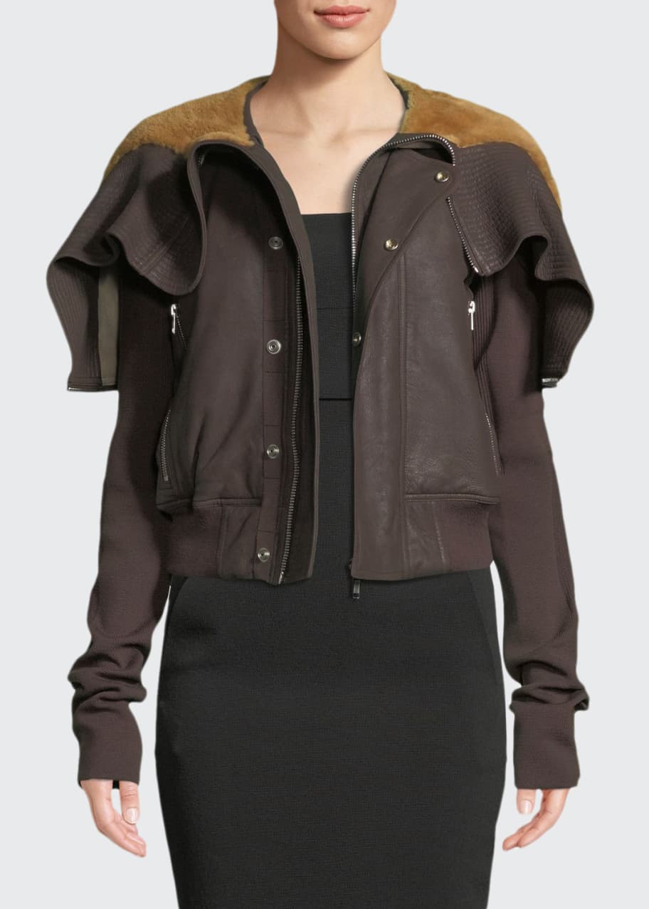 Image 1 of 1: Zip-Front Raisin-Knit Lamb Leather Jacket w/ Shearling Fur