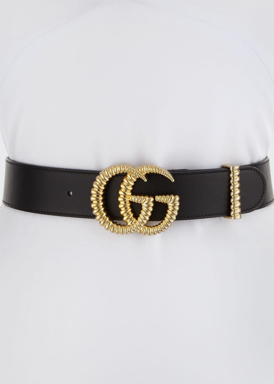 Image 1 of 1: Moon Leather Belt w/ Textured GG Buckle, 1.5"W