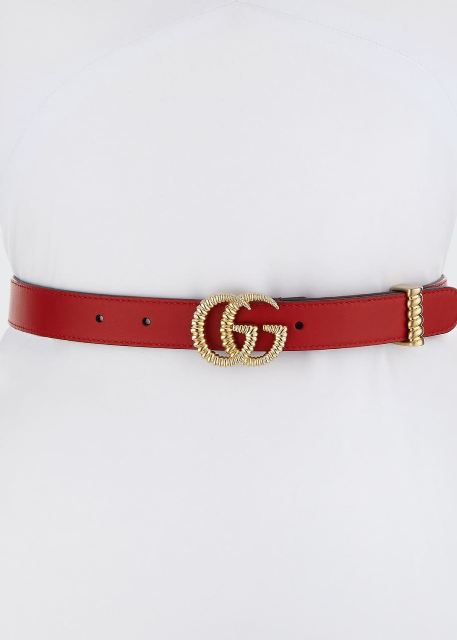 Image 1 of 1: Moon Leather Belt w/ Textured GG Buckle, 1"W