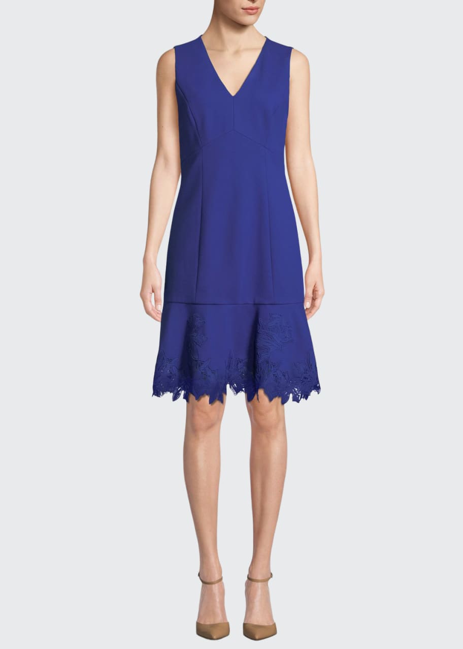 Elie Tahari Darianna V-Neck Sleeveless A-Line Crepe Dress w/ Lace Hem -  Bergdorf Goodman
