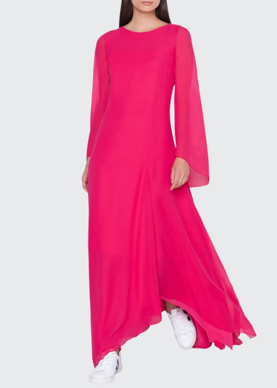 Akris BoatNeck LongSleeve ALine Silk Dress Bergdorf Goodman