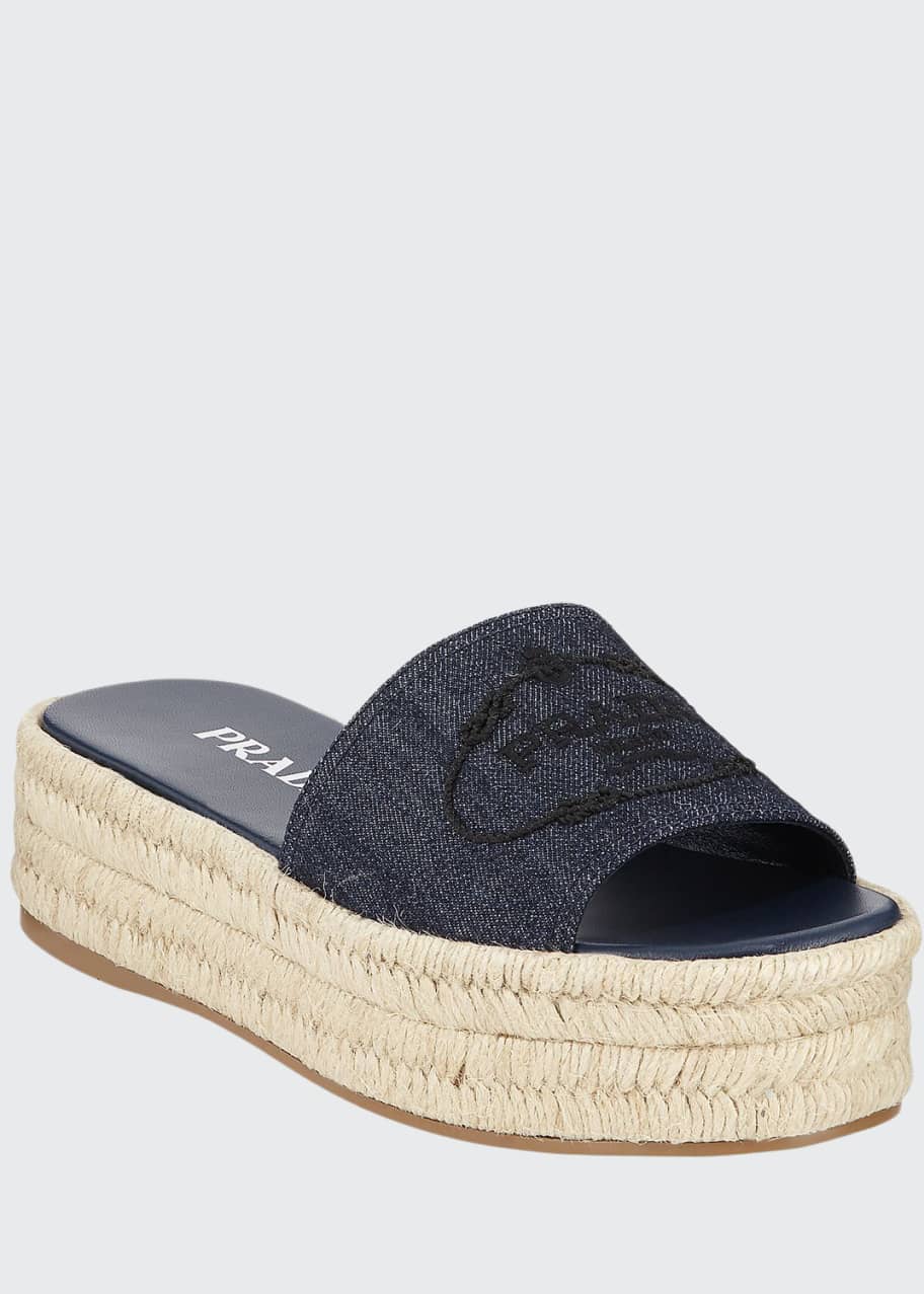 Prada Denim Logo Espadrille Slide Sandals - Bergdorf Goodman