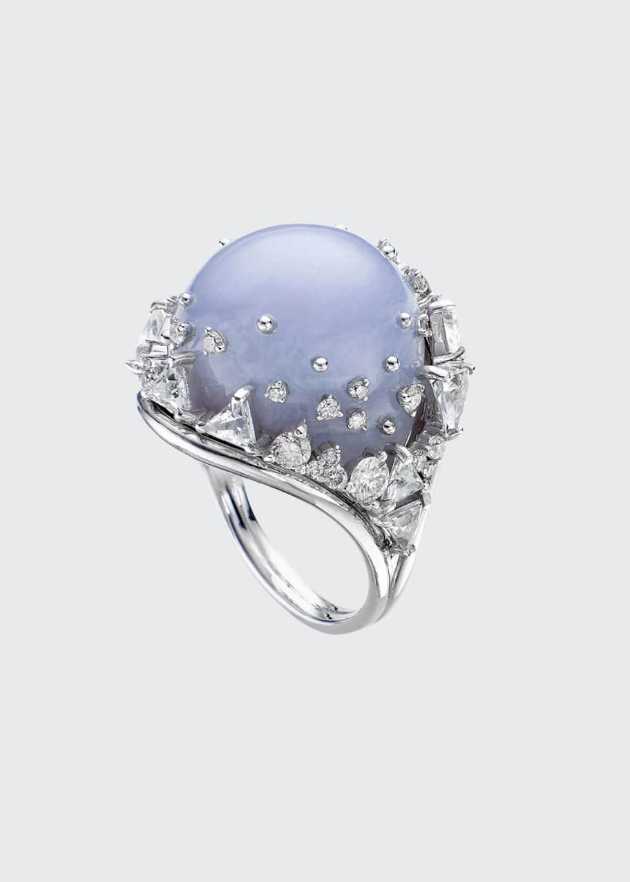 Image 1 of 1: 18k White Gold Fusion Chalcedony Ring w/ Diamonds, Size 7