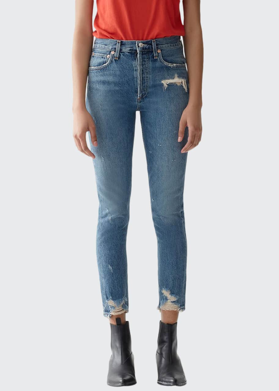 Image 1 of 1: Jamie High-Rise Distressed Skinny Jeans with Chewed Hem