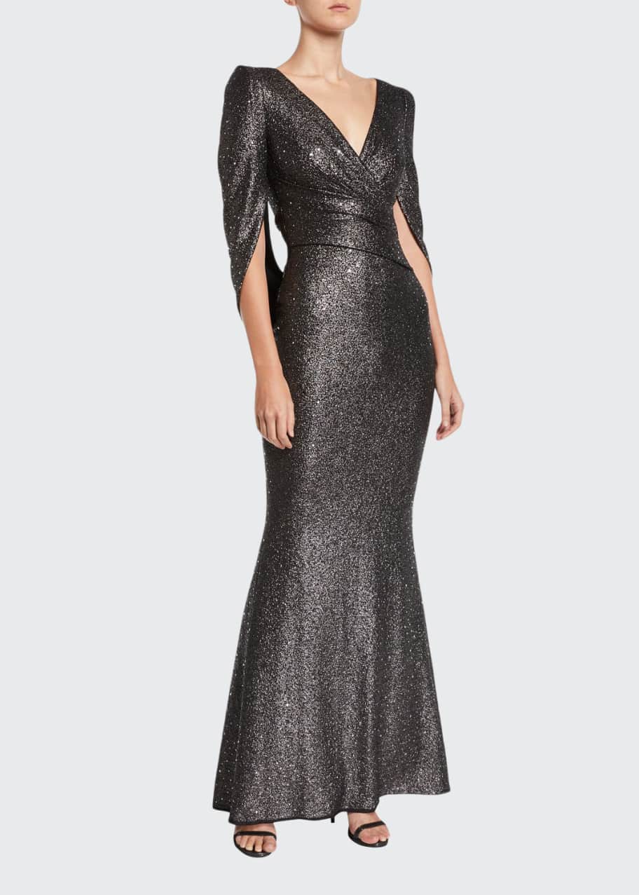 Talbot Runhof V-Neck Cape-Sleeve Embellished Trumpet Evening Gown - Bergdorf Goodman