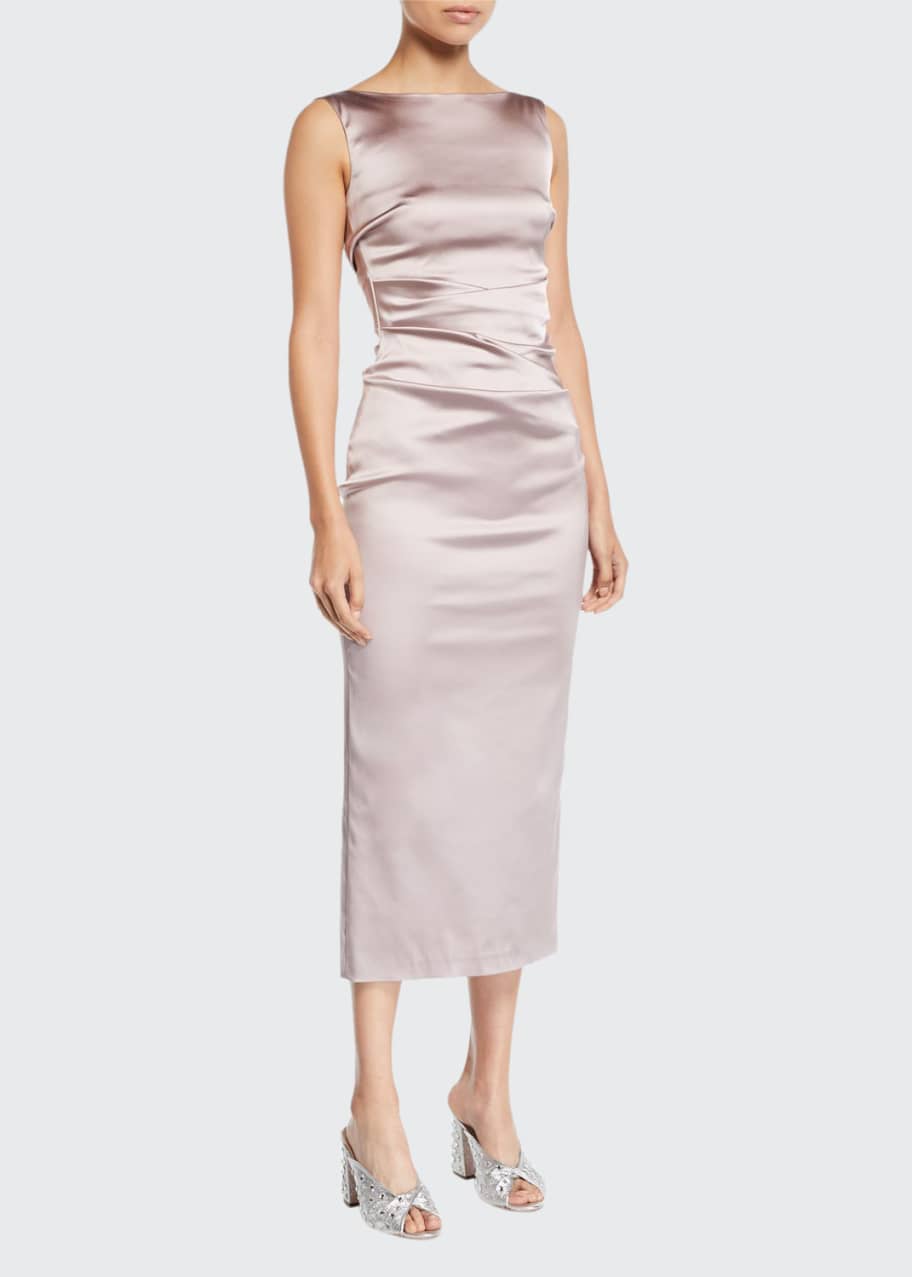 Talbot Runhof Sleeveless Boat-Neck Ruched Satin Body-con Midi Cocktail Dress 